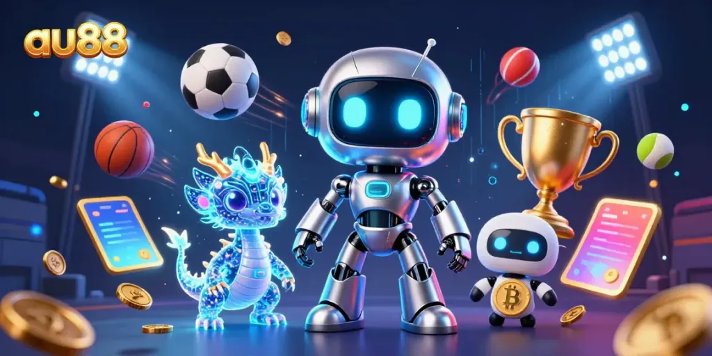 Engaging illustration of the au88 sports betting scene featuring a cyberpunk robot, AI dragon, and drone with sports elements.