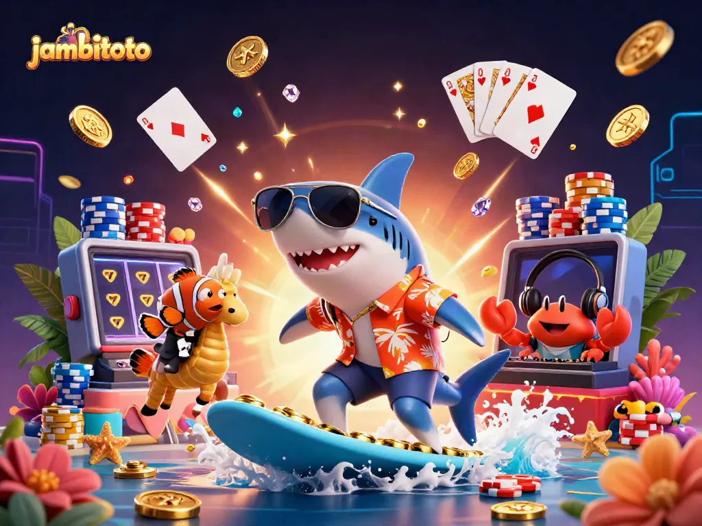 Experience vibrant gaming with jambitoto, featuring a shark and colorful characters in an engaging casino scene.