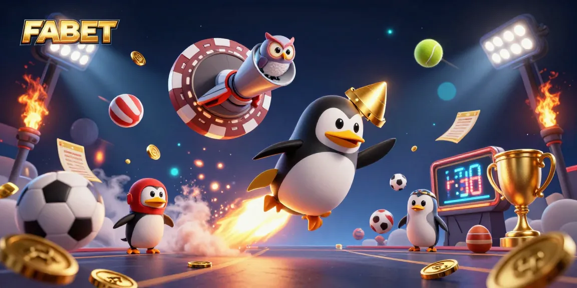 Experience thrilling betting at FABET with a dynamic illustration of a golden penguin and sports elements