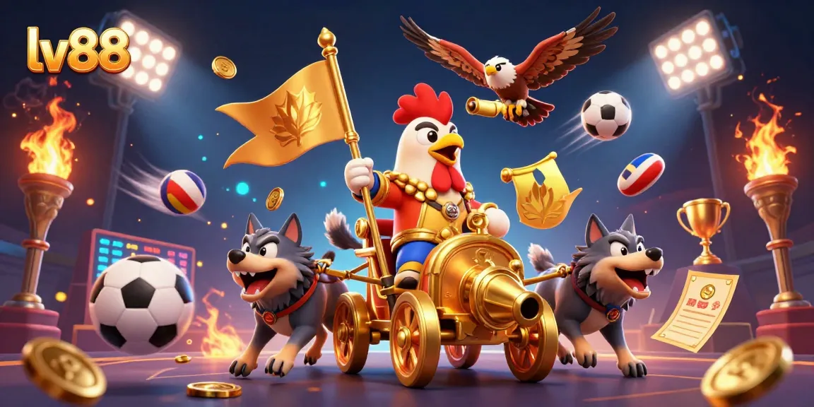 Shoot for winning strategies with lv88, featuring a dynamic 3D casino scene of a rooster warlord with sports elements.