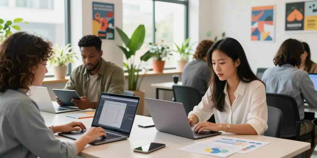 Hire freelancers in a vibrant coworking space with diverse professionals collaborating.