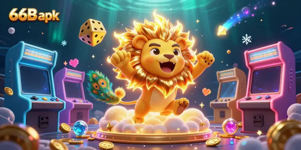 Experience thrilling games with 66B apk, featuring colorful arcade elements and a vibrant casino scene.