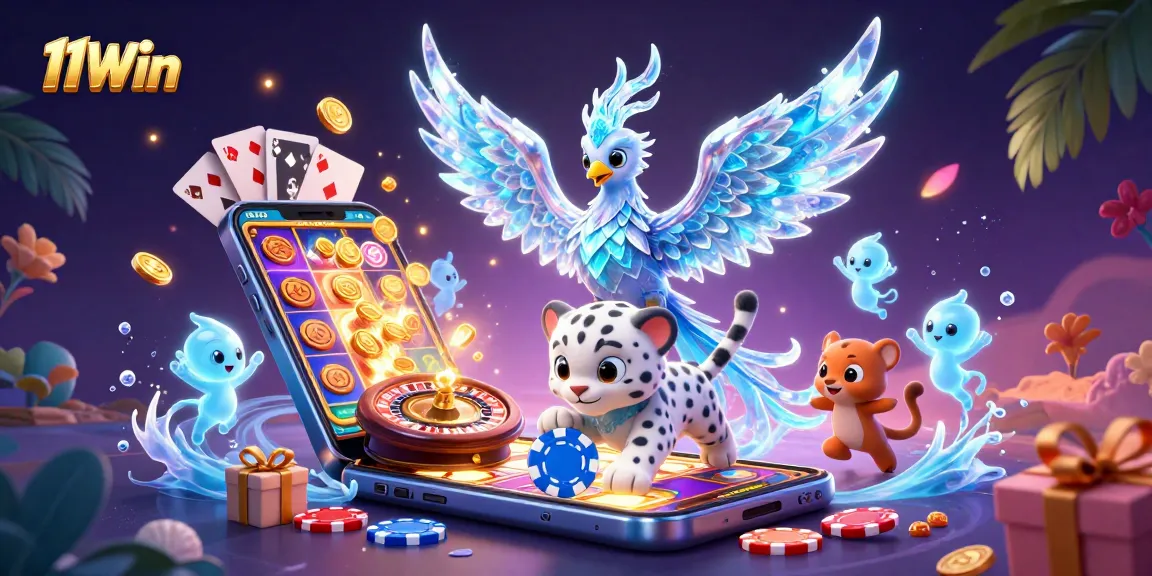 Join the excitement with 11Win as a dazzling ice phoenix and playful leopard cub fly through a vibrant casino scene.