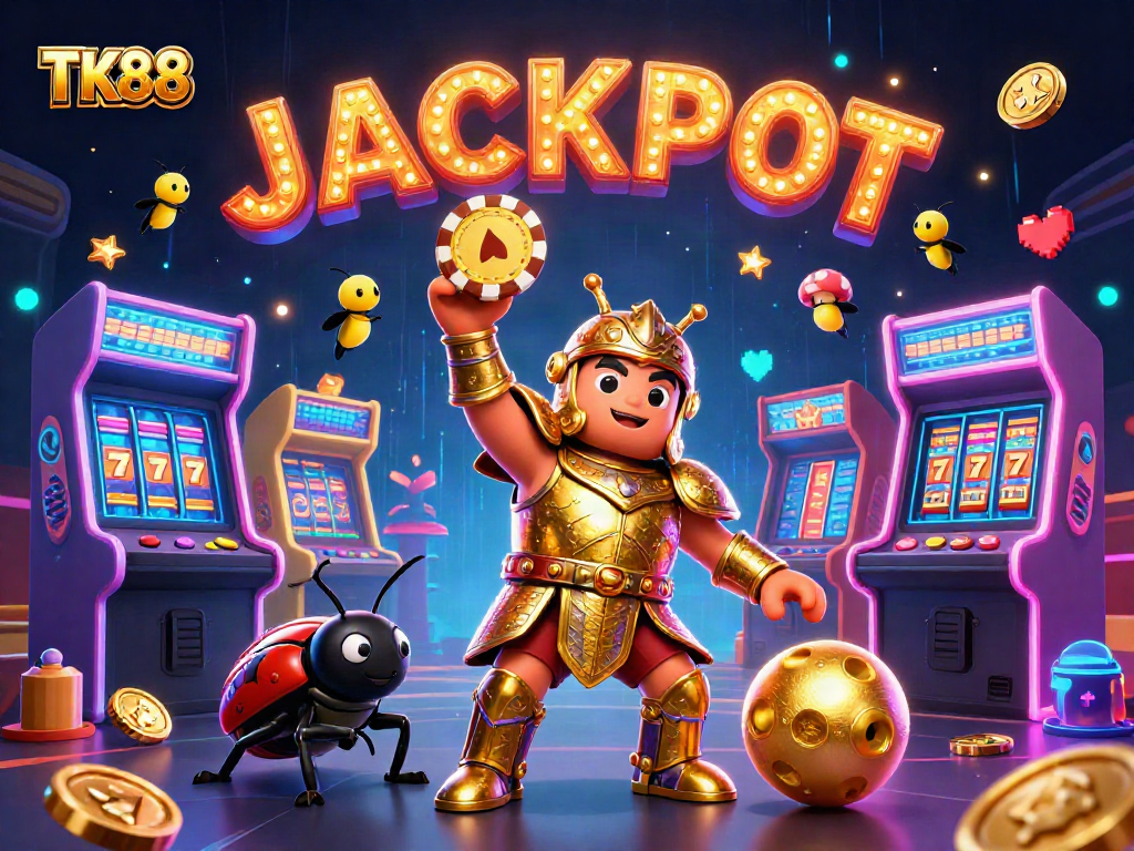 TK88 gaming characters celebrate a jackpot with vibrant casino elements in a dazzling illustration.