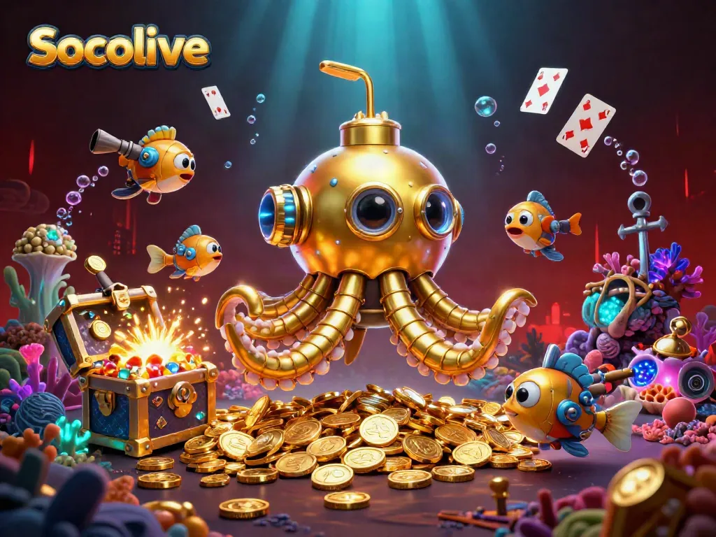 Socolive's dynamic casino scene features a golden kraken submarine with treasures, enhancing the gaming experience.
