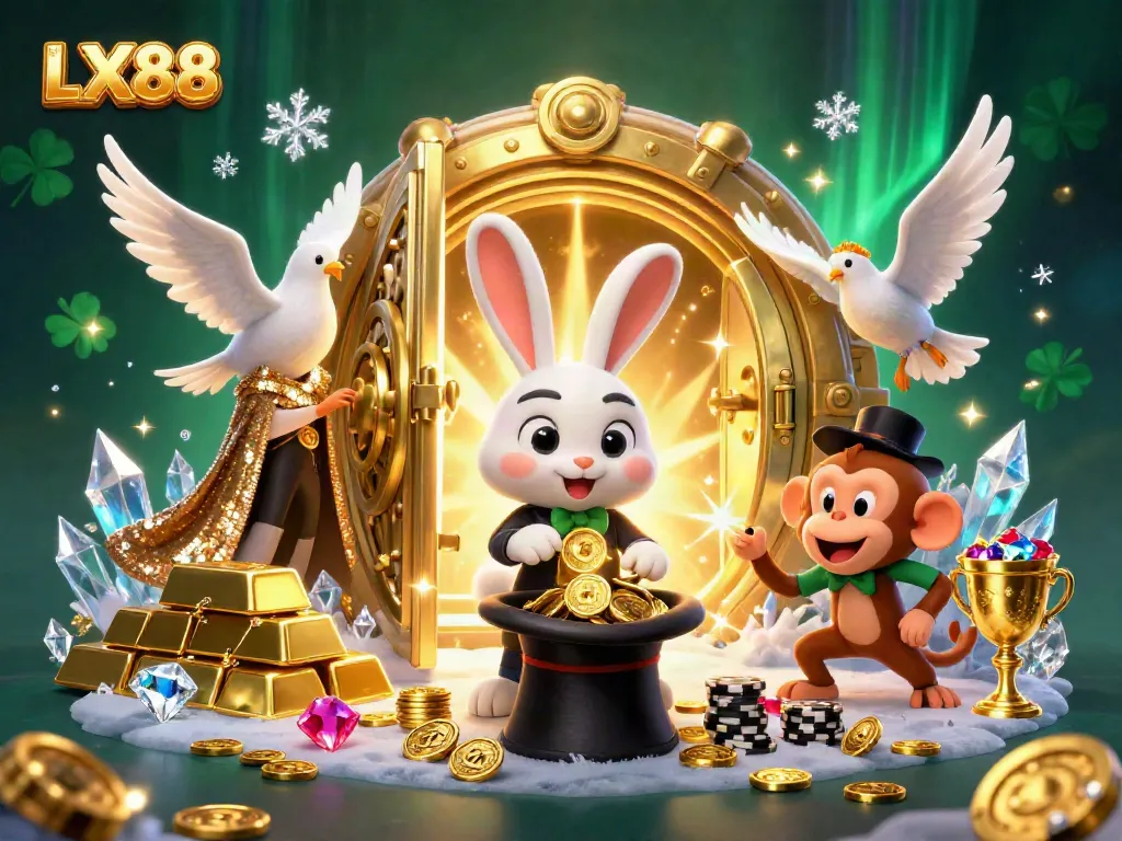 Experience the excitement of LX88 with a magical scene featuring a rabbit, dove, and monkey amid gold coins and treasures.