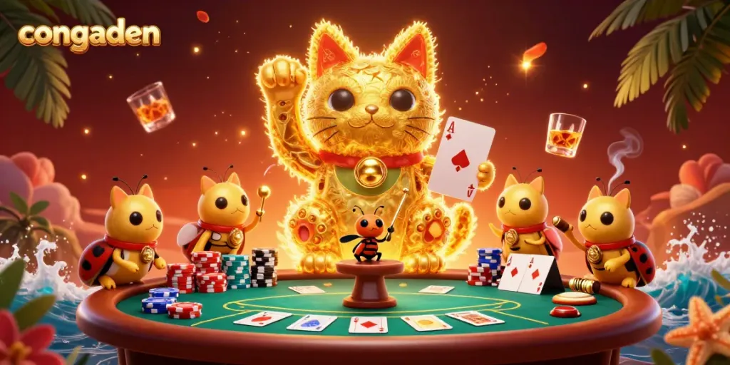 Experience the thrilling atmosphere of congaden with a vibrant depiction of a lucky cat and poker scene.