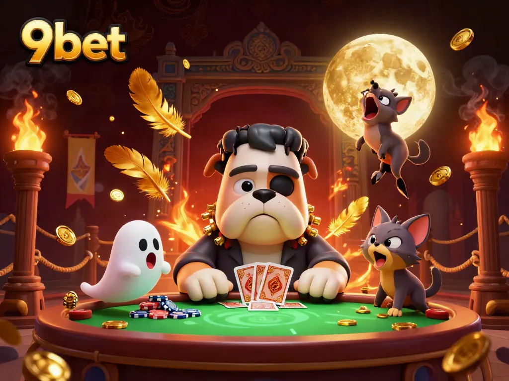 Engage with 9bet's vibrant casino scene featuring a Frankenstein bulldog and werewolf kitten in a lively card game.