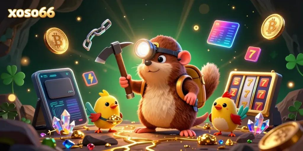 Xoso66 visualizes an adventurous mole and canary in a gem-filled cave, highlighting casino elements.