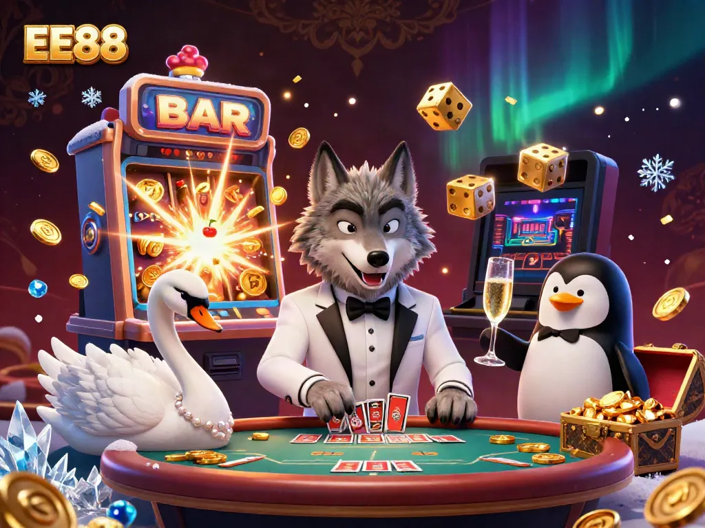 EE88 features a debonair wolf, elegant swan, and a sophisticated penguin enjoying a thrilling casino scene.
