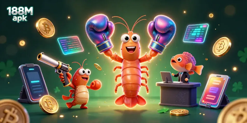 Engage with 188M apk through this vibrant casino scene featuring animated shrimp and dynamic game elements.