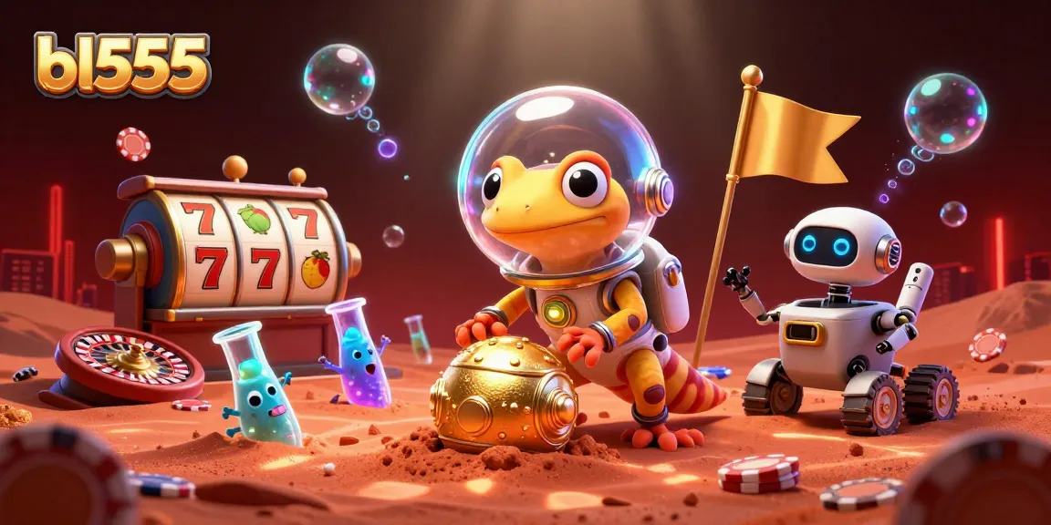Win big at bl555 in this captivating scene of a Martian gecko in a casino adventure with vibrant elements.