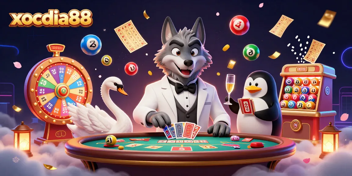 Play thrilling games at xocdia88 with a vibrant casino scene featuring animated characters and rich visuals.
