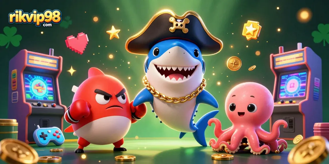 Experience exciting gameplay at rikvip98 com with a vibrant 3D cartoon illustration featuring casino elements.