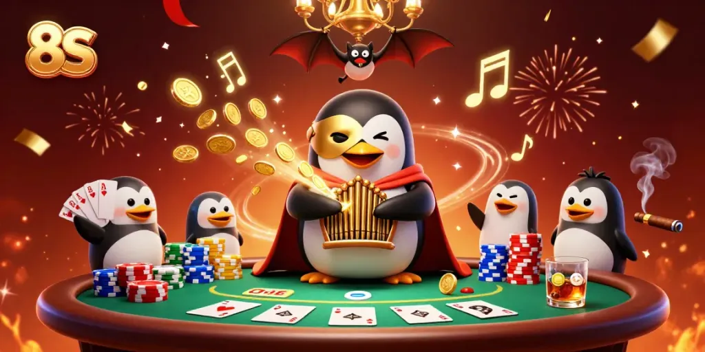 Experience the excitement of 8S gaming with a vibrant casino scene featuring unique characters and elements.