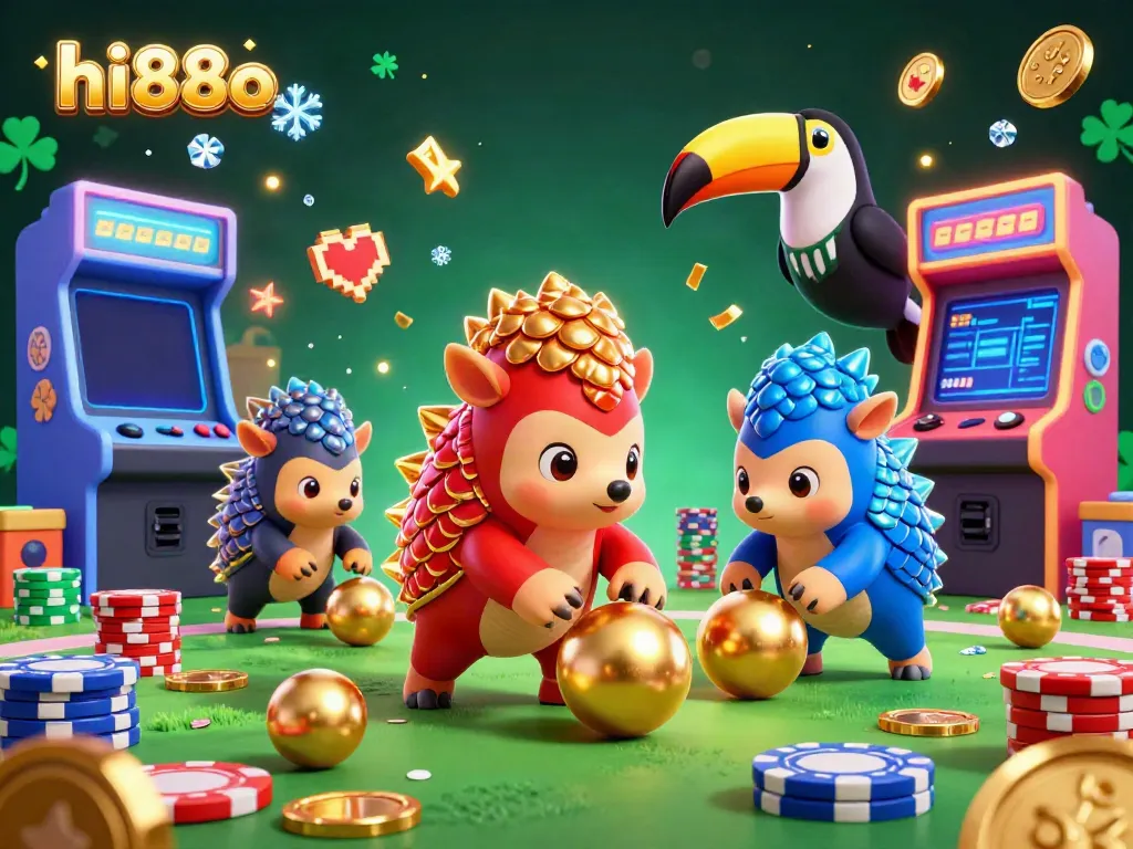 Engage in thrilling gameplay with hi88o as pangolins launch golden balls into poker chips.