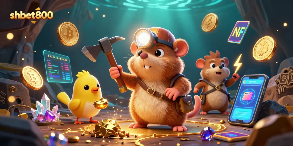 Mining for treasures in shbet800's casino realm with dynamic cryptocurrency elements surrounding lively characters.