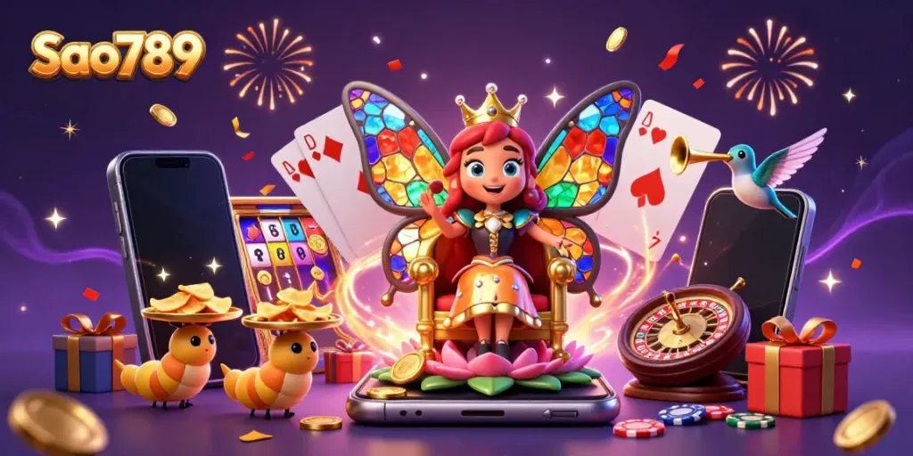 Sao789 showcases a vibrant casino scene with a magical butterfly queen surrounded by games and confetti.