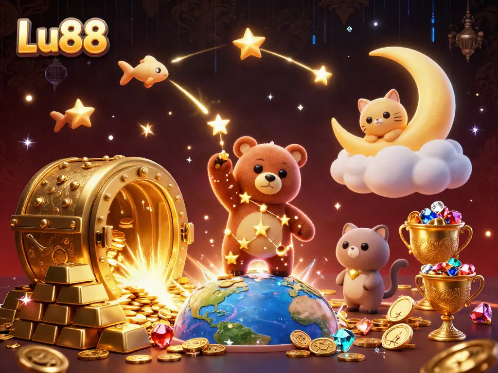 Experience Lu88's vibrant world of gambling with a golden constellation bear collecting coins amidst treasures.