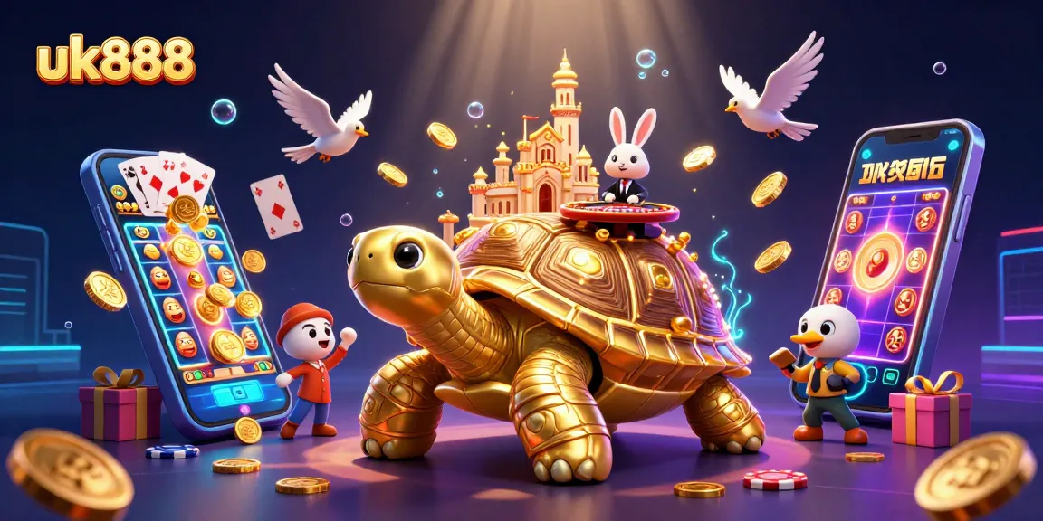 Spin and win with uk888 at a vibrant cartoon casino, featuring golden coins and a charming rabbit dealer.