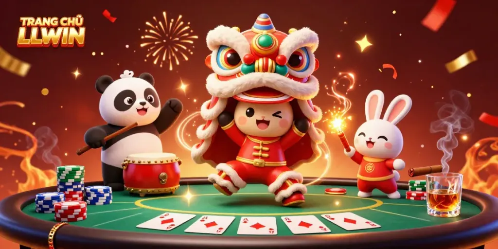 Experience TRANG CHỦ LLWIN with an exciting illustration depicting a vibrant casino scene full of energy and celebration.