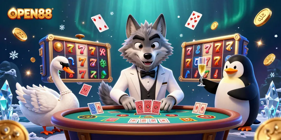 Engage in thrilling slots action at OPEN88, featuring dynamic 3D cartoon characters and vibrant casino elements.
