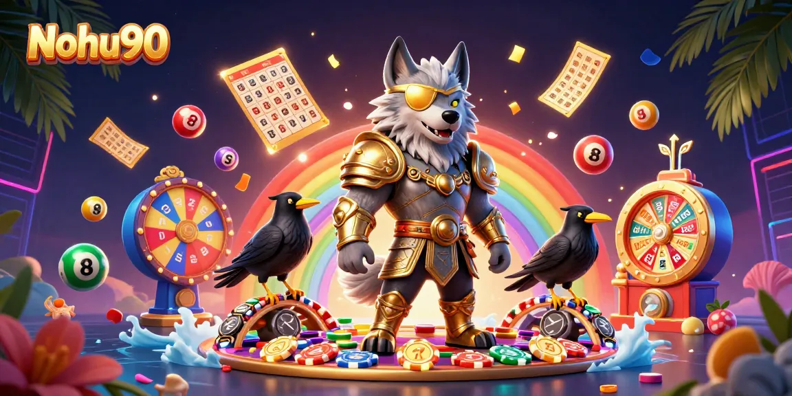 Nohu90 showcases a vibrant Norse-inspired casino theme, featuring dynamic lottery elements.