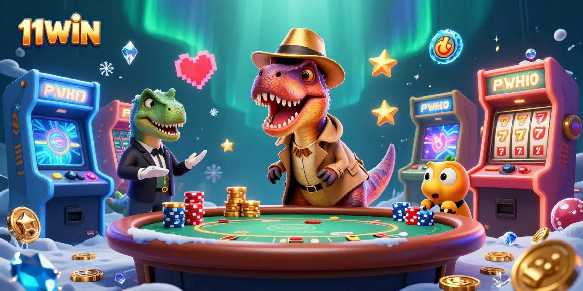 Engage in thrilling casino action with 11WIN's dynamic velociraptor card counter illustration.