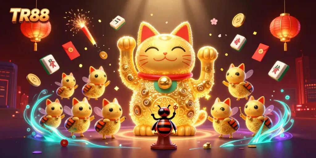 Experience thrilling wins with TR88's vibrant visuals of a lucky cat and casino excitement!