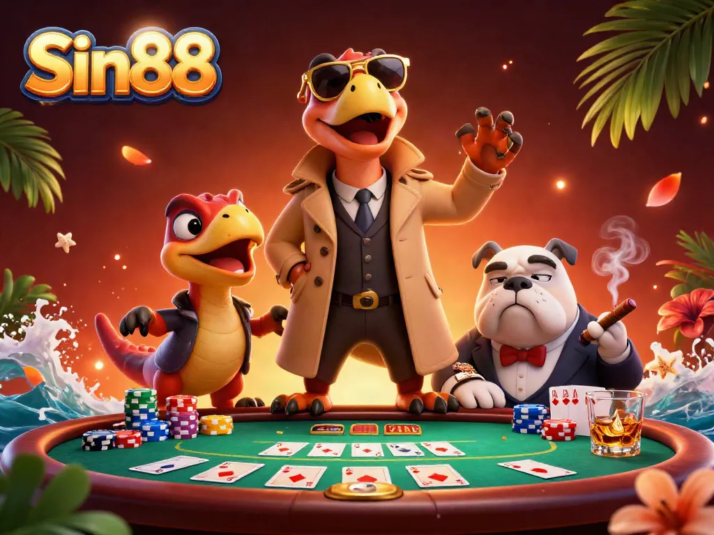 Experience the thrill at Sin88's VIP casino lounge with playful raptors, poker, and fun.