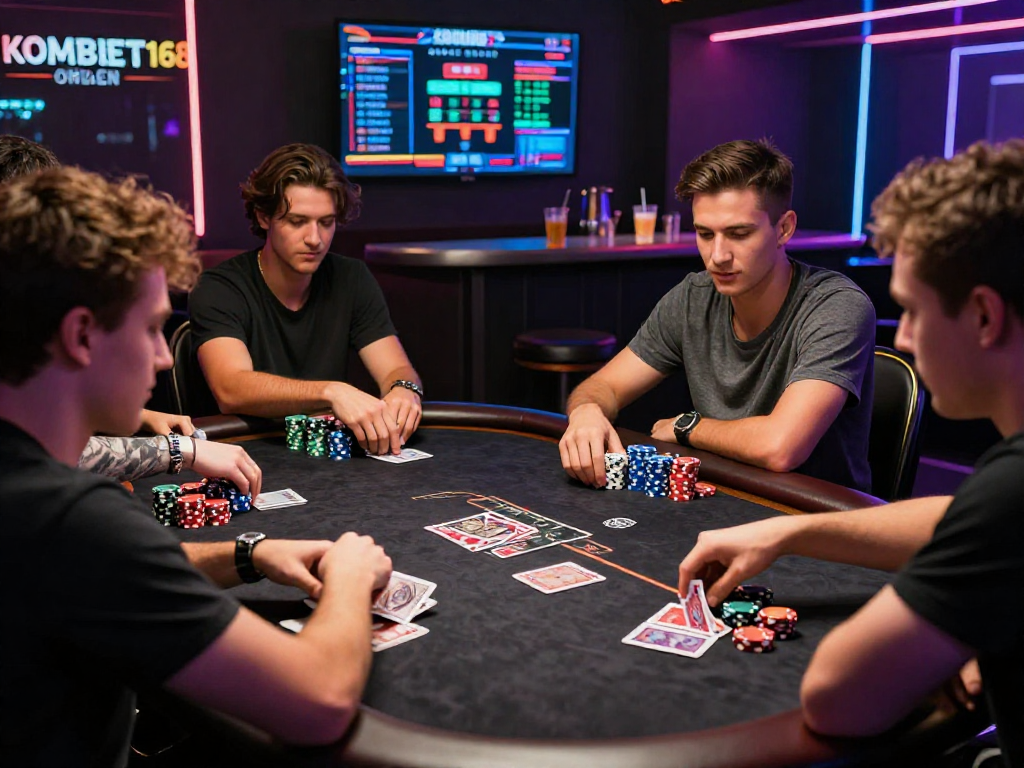 KOMBET168 gaming scene showing friends enjoying poker with vibrant chips and ambiance.