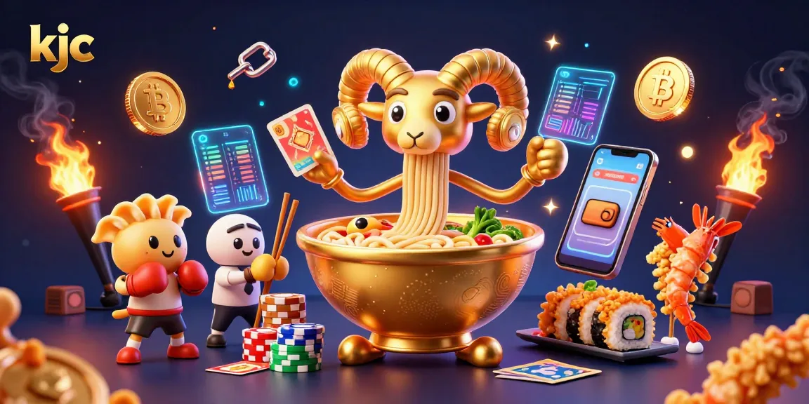 Experience the vibrant gameplay of kjc with a giant golden ramen bowl dealing cards amidst crypto elements.