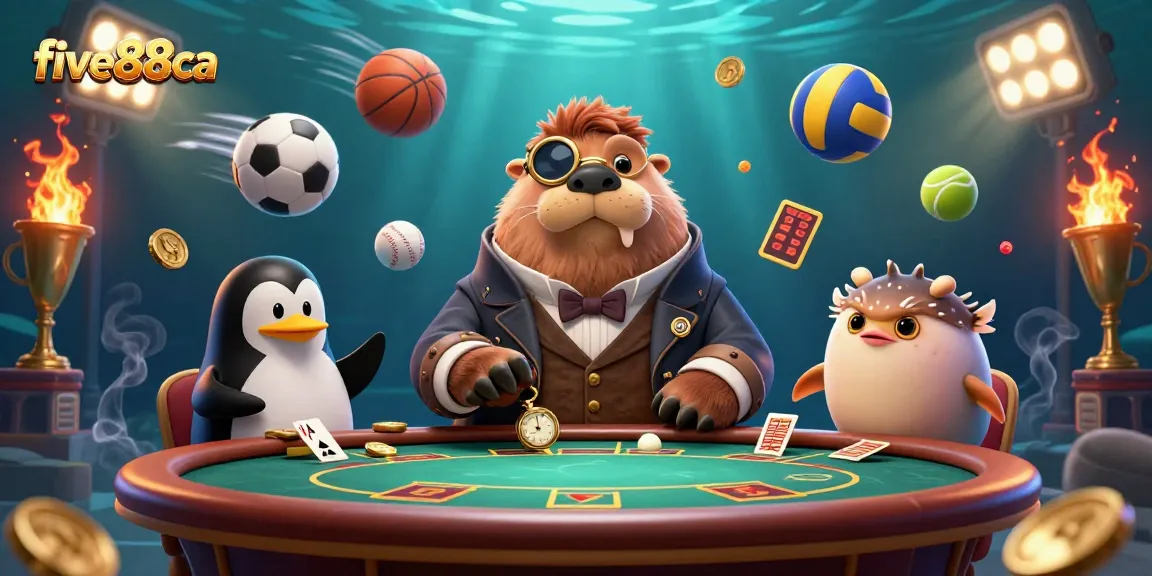 Join the underwater poker action with five88ca’s playful walrus, penguin dealer, and bluffing pufferfish.