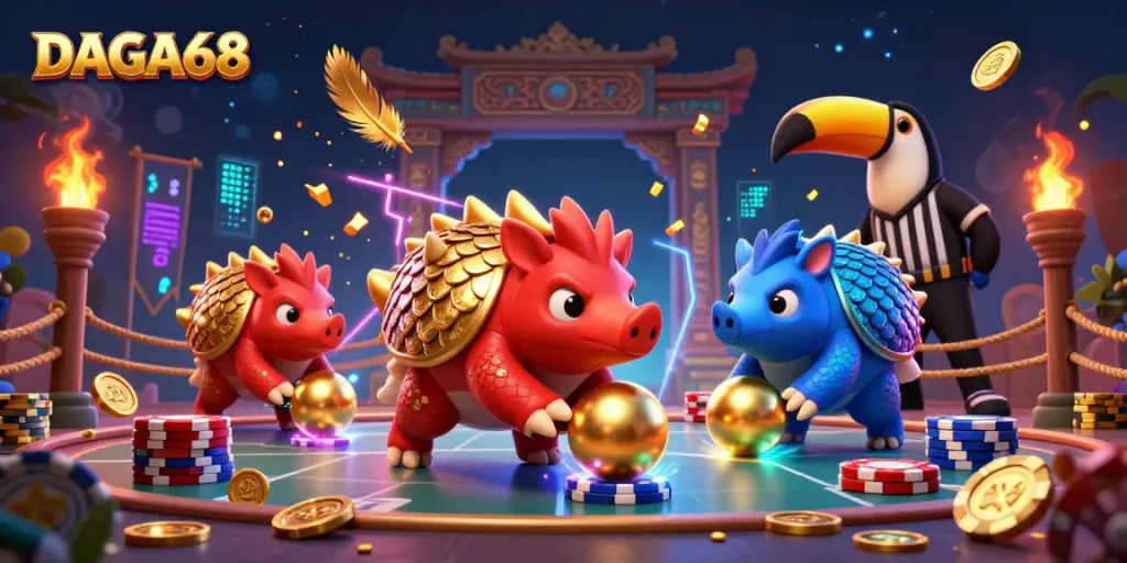 Experience exciting gaming action at daga68 with two rival pangolins in a colorful casino setting.