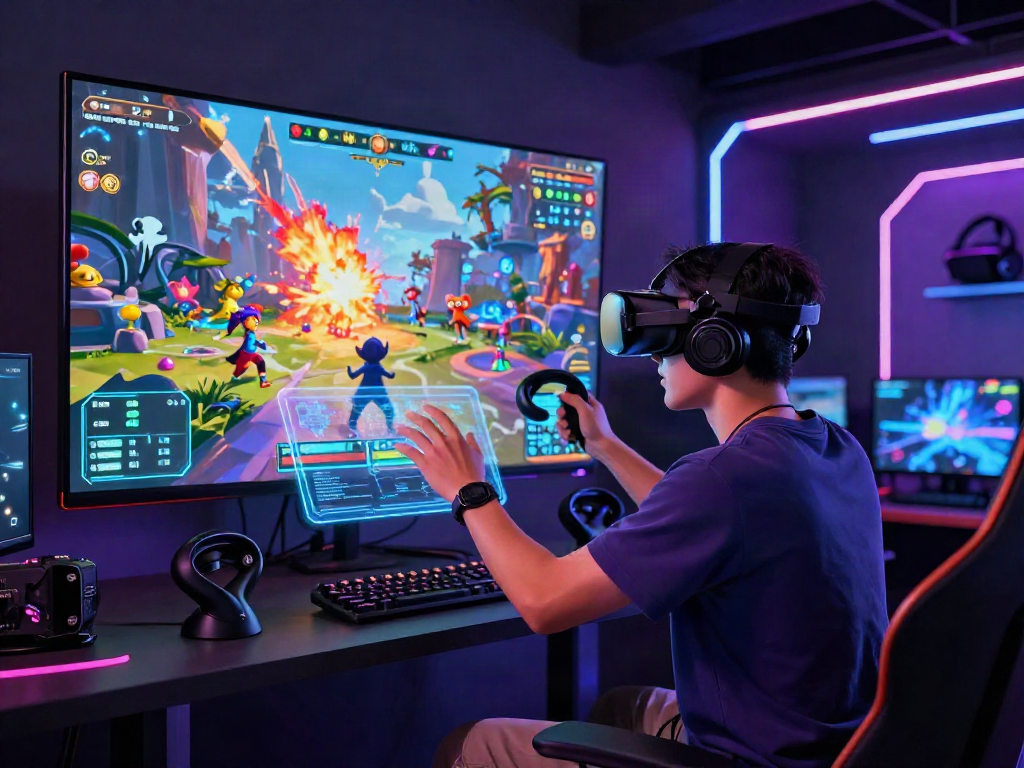 Interactive porngames experience in a vibrant gaming lounge with animated characters and futuristic graphics.