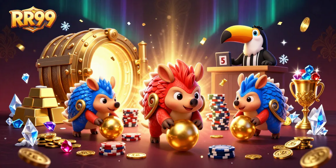 RR99 features rival pangolins in dynamic gaming scene, bowling through gold chips and treasure.