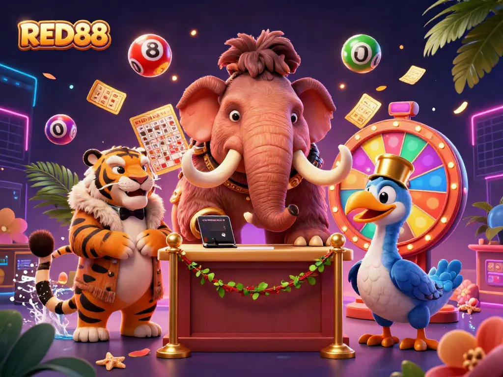 RED88 casino bouncer checking IDs with vibrant games and lottery elements in a lively scene.