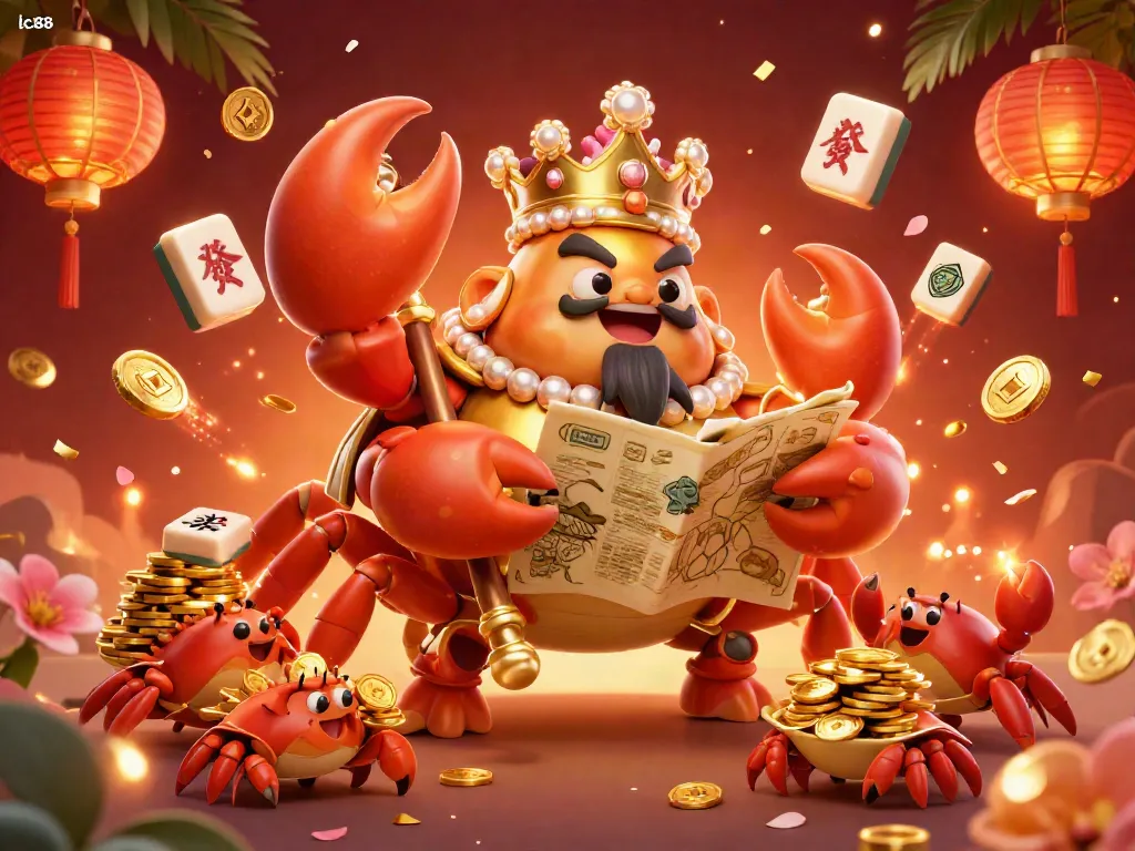 Experience exciting casino action with lc88's vibrant 3D illustration of a golden crab emperor and treasure map.