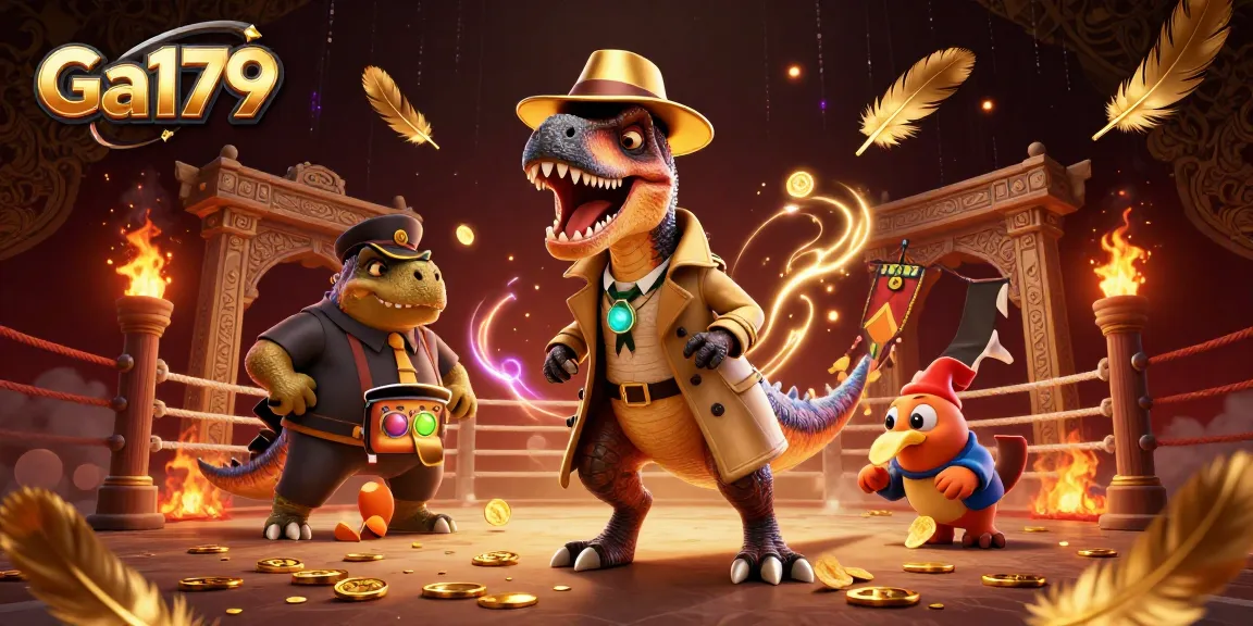 Ga179 cockfighting scene with a velociraptor card counter and a stegosaurus pit boss in a lively arena