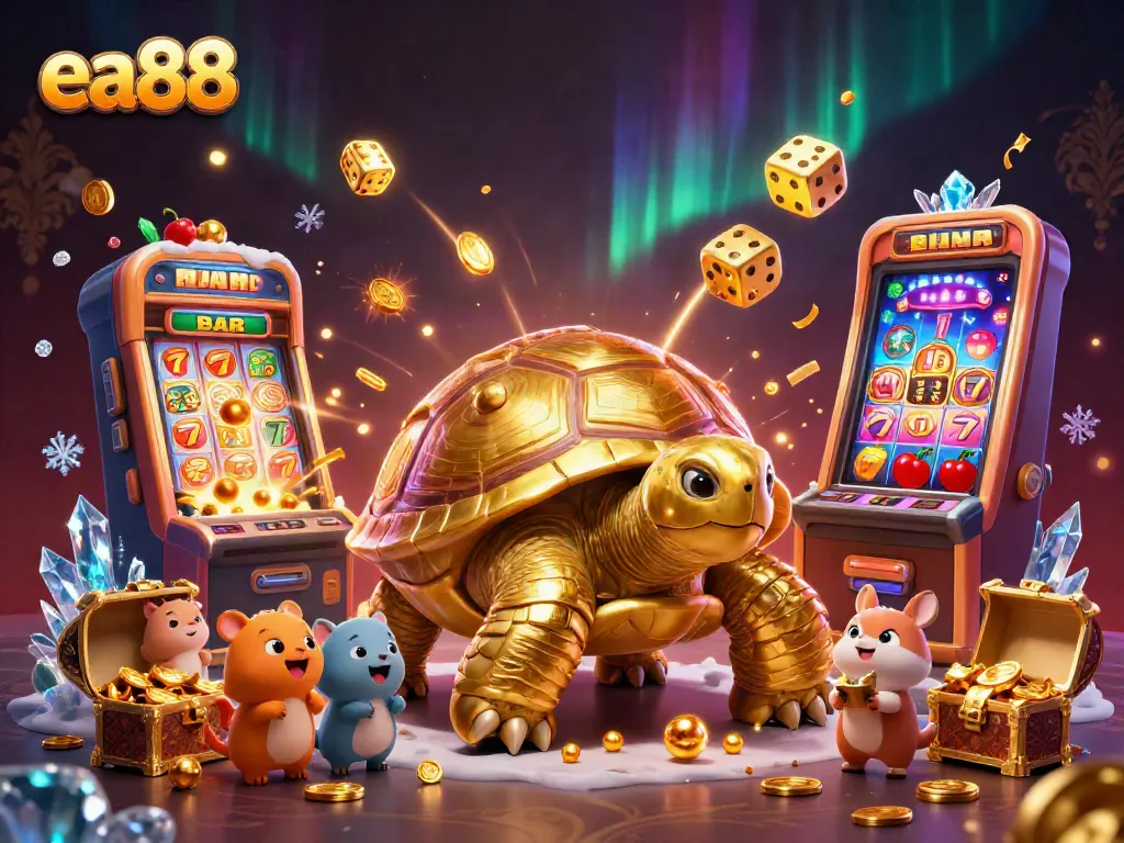 ea88 offers thrilling jackpot excitement with a golden tortoise pinball machine and vibrant casino elements.