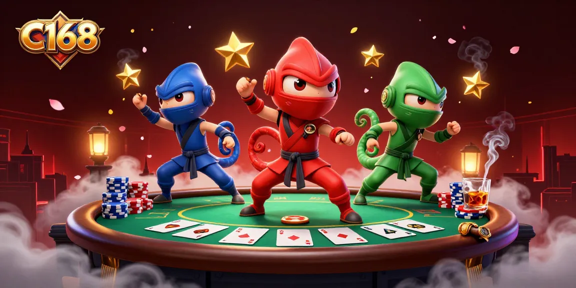 C168 features a team of ninja chameleons engaging in poker action with vibrant casino elements.