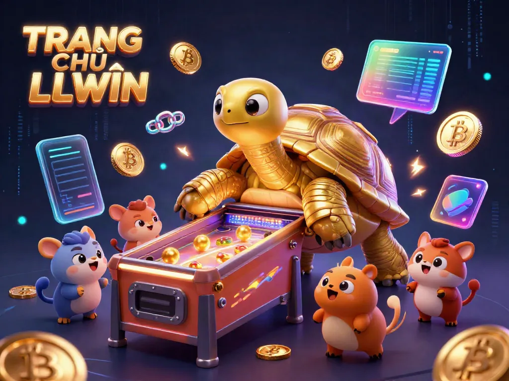 Engage with thrilling games on TRANG CHỦ LLWIN, featuring a fun-filled 3D illustration of a gaming tortoise and excited players.