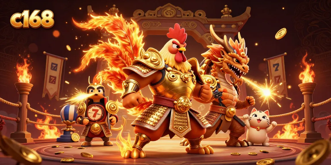 C168 brings excitement with a 3D fighting rooster warrior and dragon in a vibrant casino scene.