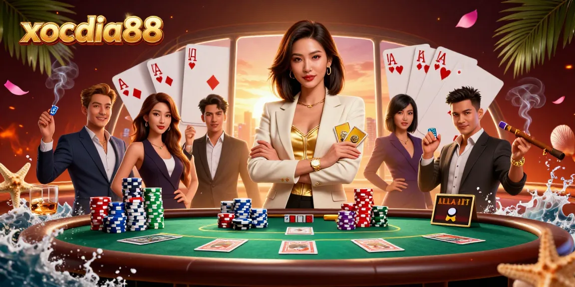 Xocdia88 showcases a powerful female card player in a luxurious casino setting, making strategic bets.