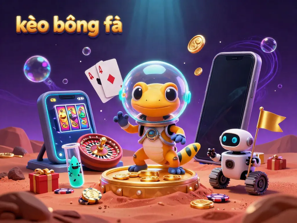 Experience kèo bóng đá with a cartoon Martian gecko uncovering a golden casino in a vibrant cosmic scene.