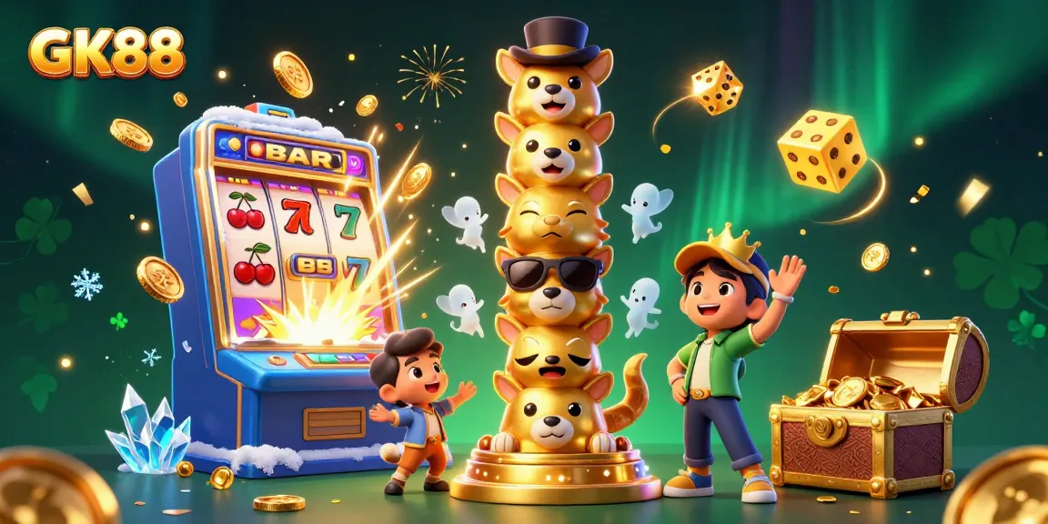 Experience the thrill at GK88's vibrant casino with totem poles and jackpot scenes.