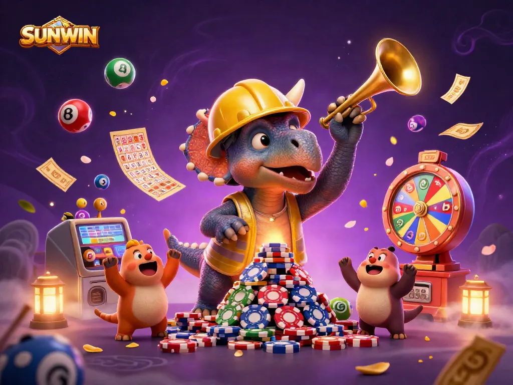 Engage with SUNWIN's vibrant casino scene featuring playful cartoon dinosaurs celebrating gaming success.