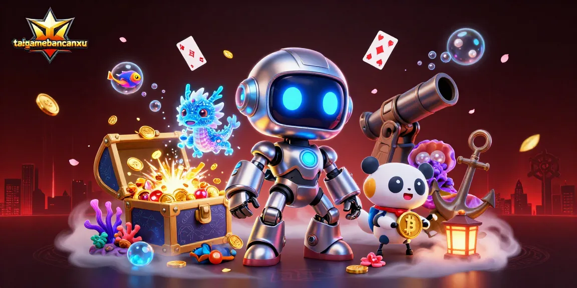 Engage in thrilling gameplay with taigamebancaanxu's dynamic casino scene featuring a vibrant robot, AI dragon, and bitcoin drone.