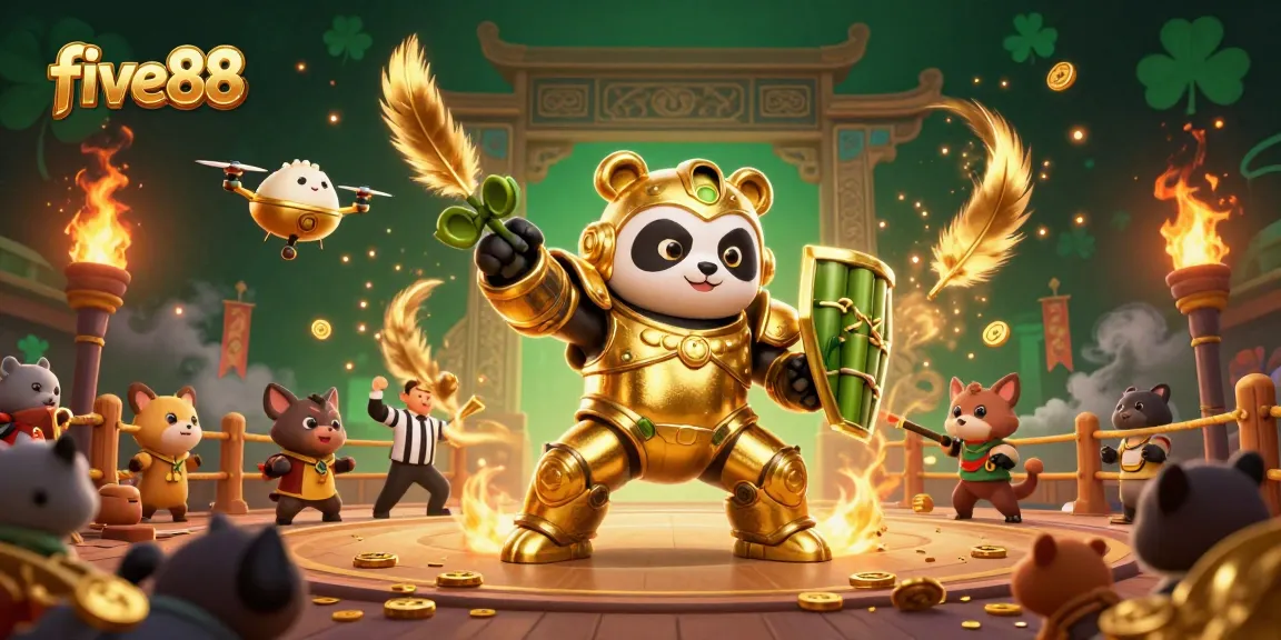 Bet on epic adventures with five88 featuring a mech-suit panda in a dynamic casino arena.