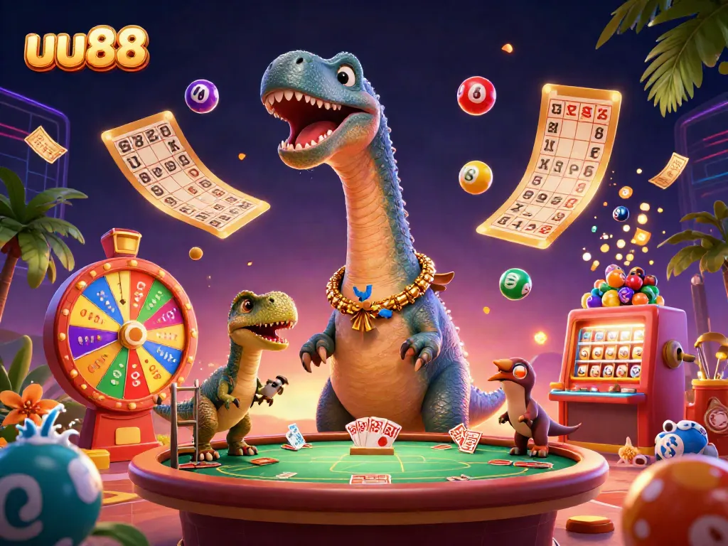Experience thrilling gameplay at uu88 with a cartoon brontosaurus in a vibrant casino atmosphere.